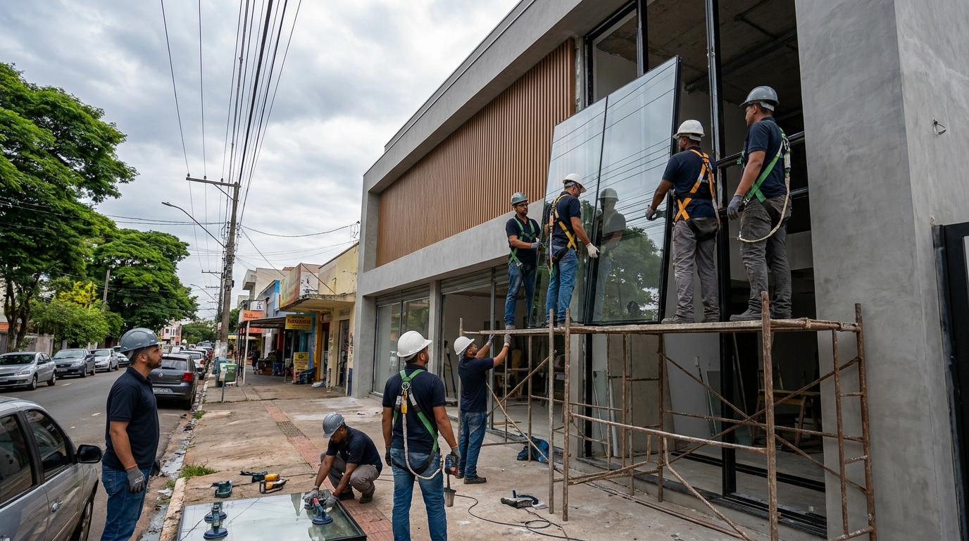 Fachada de vidro com andaime lateral em Olinda-PE